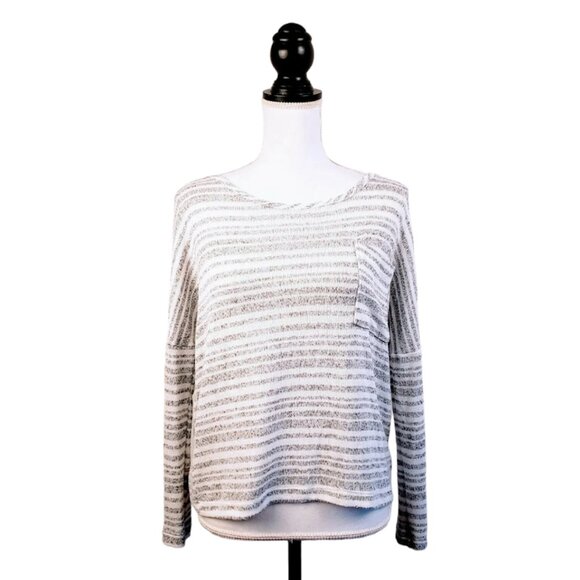 ANTHROPOLOGIE / SPARKLE & FADE Sweater, Gray White Striped Boho Pocket, M - Picture 2 of 12